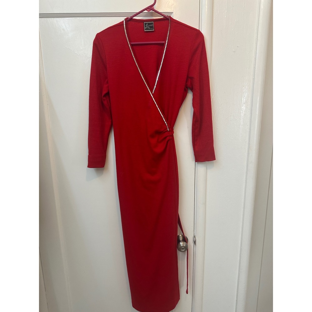 Lennie for Nina Leonard Red Rhinestone Trim Faux Wrap Midi Dress Long Sleeve